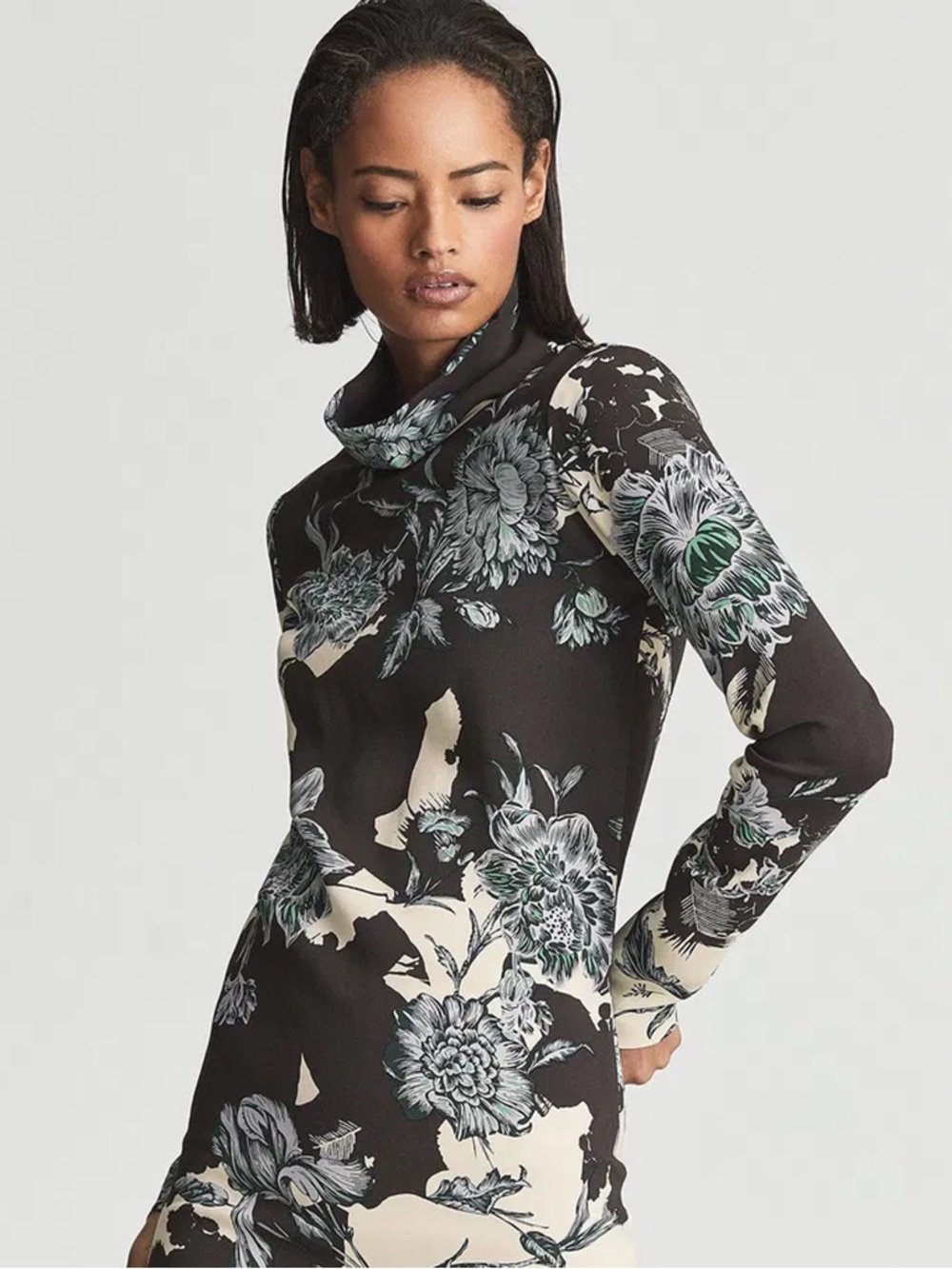 Reiss Black Floral High-Neck Midi Dress with Cream Accents - Picture 2 of 16